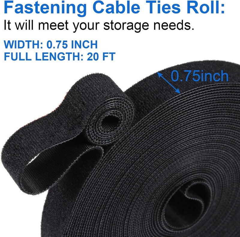 Oneleaf Fastening Cable Management Roll, 20ft x 3/4inch Cut to Length Straps, Reusable Multi-Purpose Cords Management, Double Sided Hook and Loop Cable Ties Roll (Black) - Image 2